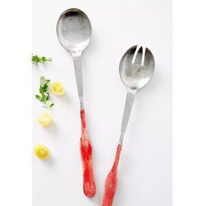 Anthropologie Laine Salad Server Set Etched Floral Pink Bone Handle discontinued
